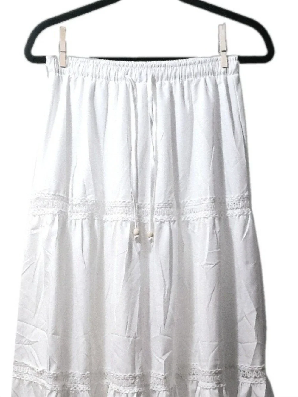 White Drawstring Waist Tiered Midi/Maxi Skirt With Lace & Beaded Details - Picture 1 of 5